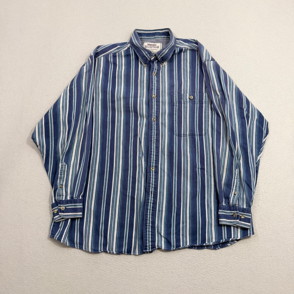 Vintage Wrangler Button Shirt XL Blue Rugged Wear Striped Long Sleeve Cotton 90s